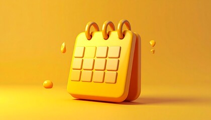 A 3D rendered, yellow, desk calendar sits on a matching background. Liquid droplets and spheres add interest