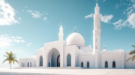 White mosque, sunlit, serene