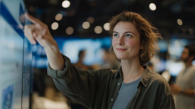 Wide-angle shot of diverse corporate team interacting with large touch-sensitive screens showing software comparisons, representing future-focused business strategies, collaborative - Powered by Adobe