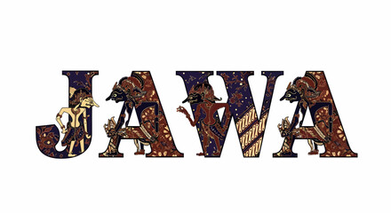 Decorative vector illustration: Jawa text with wayang puppets and batik