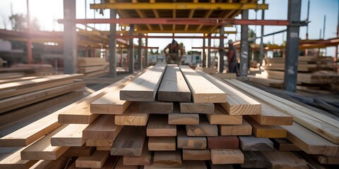 Construction Site Lumber Stacked Ready for Building Projects in Sunlight