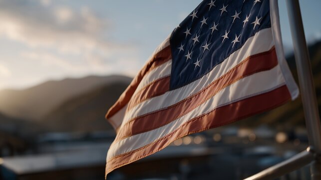 Close-up of renewable energy equipment with USA flag visible in the foreground, highlighting sustainable innovation, American technological progress, and eco-conscious national pride. cinematic