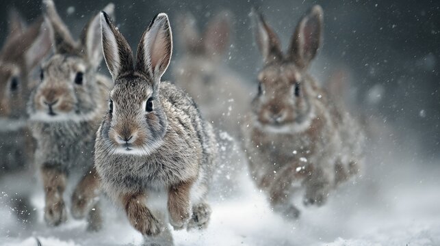 Multiple wild rabbits dash forward through a snowy, winter environment