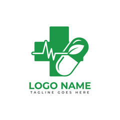 Modern green medical logo design featuring a cross, heartbeat line, capsule, and leaf for a natural healthcare or pharmaceutical brand identity
