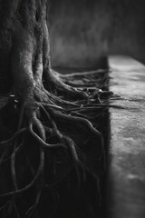 Dark Monochrome Image of Tree Roots Spreading Over Concrete Surface Symbolizing Nature Persistence