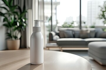 White pump bottle on light wooden table in modern living room