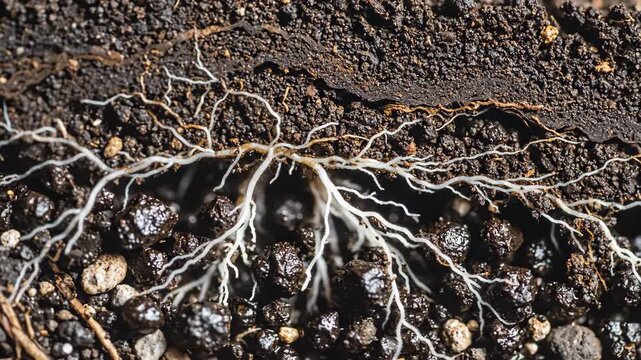 Soil crosssection reveals intricate network of thin white roots spreading through dark earth
