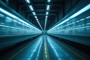 Fototapeta premium two trains speed through subway station, creating blue light trails with motion blur. futuristic concept of high-speed transport and technology. background for design.
