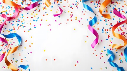 Fototapeta premium Сute abstract border, background of colorful falling top down confetti of multicolored lines, ribbons, squiggles on light background, hand drawn illustration, flat style, copy space