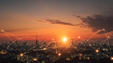 Illuminated digital network overlays a sprawling metropolis during a vibrant sunset