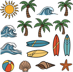 Summer beach icon set with palm trees, waves, surfboards, sun, shells, and starfish; flat colorful symbols for vacation maps, travel guides, and posters.