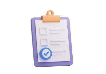 A 3d illustration of a clipboard with a checklist and a checkmark isolated on transparent background