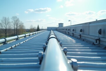 Obraz premium perspective view down long, corrugated metal roof with shiny pipe railing. industrial building exterior against blue sky. architecture, construction, and infrastructure concepts.