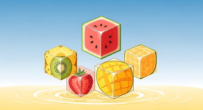 Geometric Fruit Cubes - A Colorful and Refreshing Still Life. - Powered by Adobe