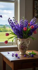 Bouquet Composition of Larkspurs and Tulips by a Window with Serene View