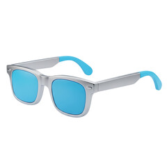Stylish 3d clear frame sunglasses with bright blue lenses isolated on transparent background