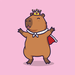 Cute Capybara Wearing Crown and Royal Cape Standing Joyfully . Whimsical Vector Illustration with Pink Background