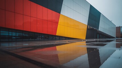 Geometric Facade of a Modern Building Reflecting in Puddles After Rain