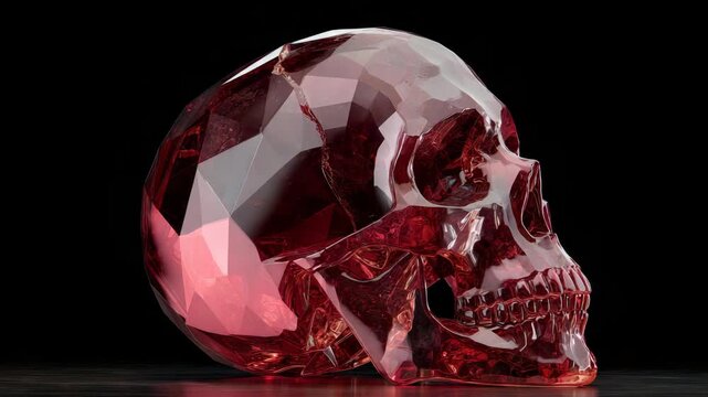 Faceted crystal skull: detailed red gemstone art on black background