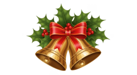 Christmas bells with holly and red bow isolated on transparent background