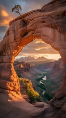 Magnificent Natural Arch Framing a Sunlit Desert Landscape River Valley
