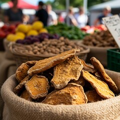 Close up of dried sweet potato slices in a burlap bag at market.