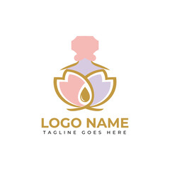 Elegant perfume bottle logo with floral design and golden accents evokes luxury and natural beauty for brands