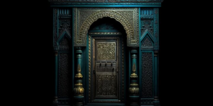 Door Design Indian and Arabic Style Green Door Simple Black Background Color Created with Generative AI Technology