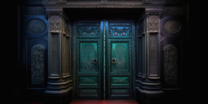 Door Design Indian and Arabic Style Green Door Simple Black Background Color Created with Generative AI Technology
