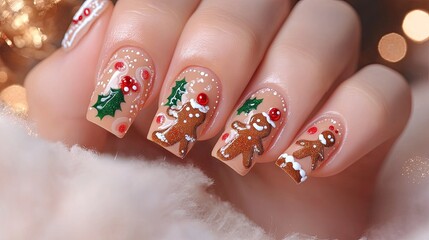 Festive Holiday Nail Art with Gingerbread Cookies and Berry Decorations for Winter Celebrations in Warm Tones and Cheerful Designs