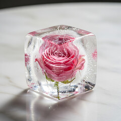 Frozen pink rose in clear ice cube on marble surface