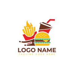 Vibrant fast food logo design featuring a delicious burger, crispy fries, and a refreshing drink, perfect for branding your restaurant.