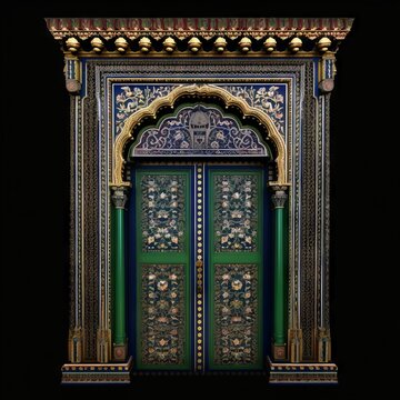 Door Design Indian and Arabic Style Green Door Simple Black Background Color Created with Generative AI Technology