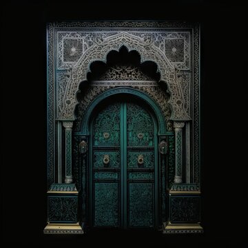 Door Design Indian and Arabic Style Green Door Simple Black Background Color Created with Generative AI Technology
