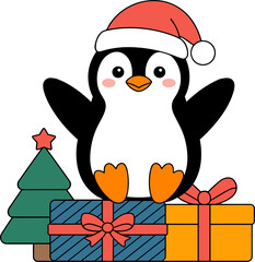 Charming cartoon penguin with Santa hat sits on gifts near Christmas tree icon