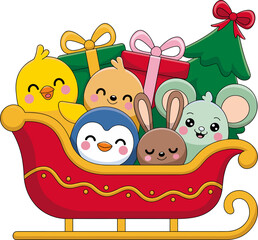 Obraz premium Festive friends celebrate Christmas in a charming sleigh loaded with gifts and cheer