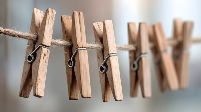 Several wooden clothespins are fastened onto a taut piece of twine in a close up shot