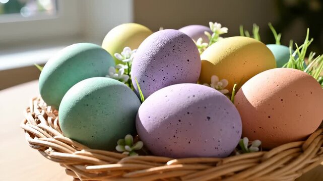 Easter Egg Basket: A vibrant arrangement of pastel-colored Easter eggs nestled in a rustic wicker basket, accented with fresh greenery, evoking the joy and renewal of spring.