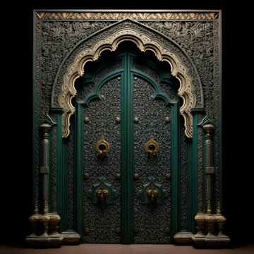 Door Design Indian and Arabic Style Green Door Simple Black Background Color Created with Generative AI Technology