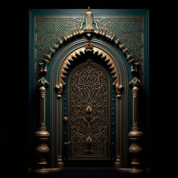 Door Design Indian and Arabic Style Green Door Simple Black Background Color Created with Generative AI Technology