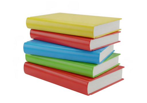 Stack of five colorful books yellow, red, blue, green, red with white pages, isolated on transparent background - Powered by Adobe