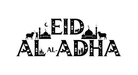 Flat vector eid al-adha celebration with mosque and sheep silhouettes