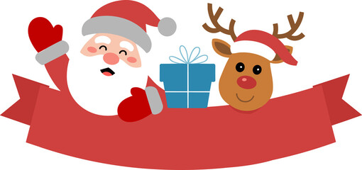 Santa Claus and reindeer with Christmas gift on red banner create joyful holiday spirit