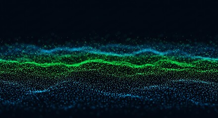 Abstract Digital Waveform of Glowing Particles in Blue and Green Hues.