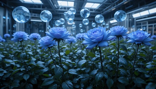 &ldquo;Holographic blue roses growing inside a high-tech botanical lab with floating water spheres.&rdquo;
