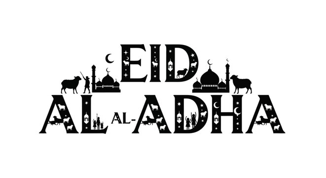 Flat vector eid al-adha celebration with mosque and sheep silhouettes