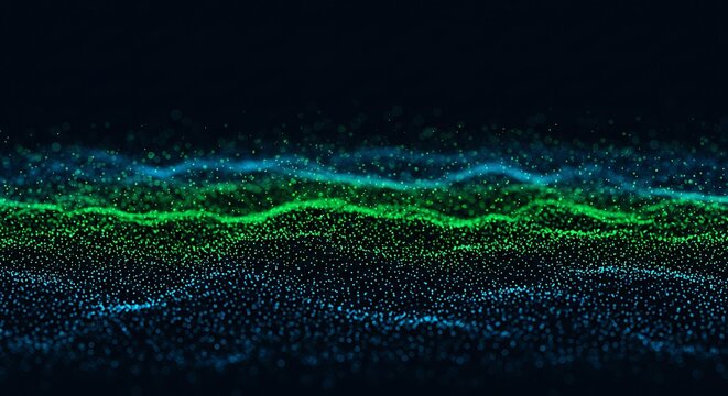 Abstract Digital Waveform of Glowing Particles in Blue and Green Hues.