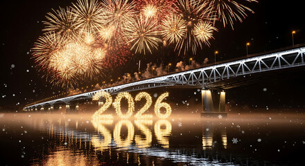 Spectacular Fireworks Display over River and Bridge Celebrating the Year 2026