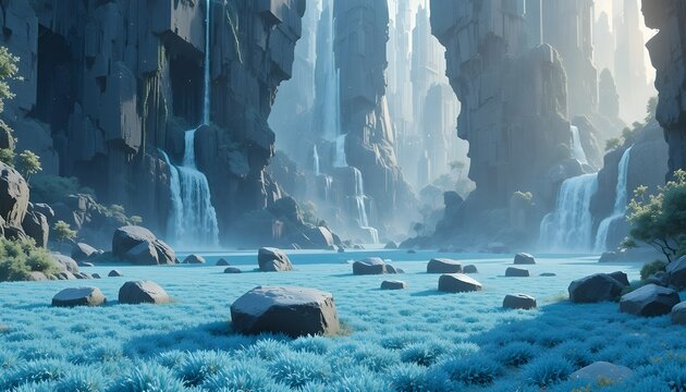 &ldquo;Futuristic meditation garden with blue grass, floating stones, and shimmering digital waterfalls.&rdquo;
