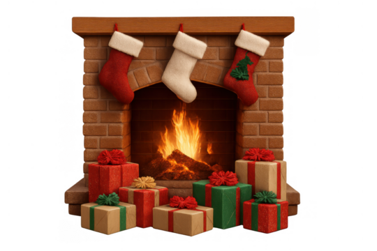 Festive christmas fireplace with stockings, presents, and glowing fire creating a cozy holiday atmosphere, transparent background - Powered by Adobe